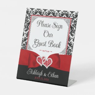 Red, Black, White Damask Love Hearts Wedding Pedestal Sign