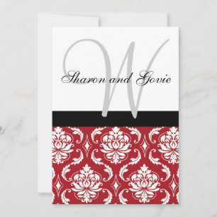 Red Black White Damask Monogram Wedding Invitation