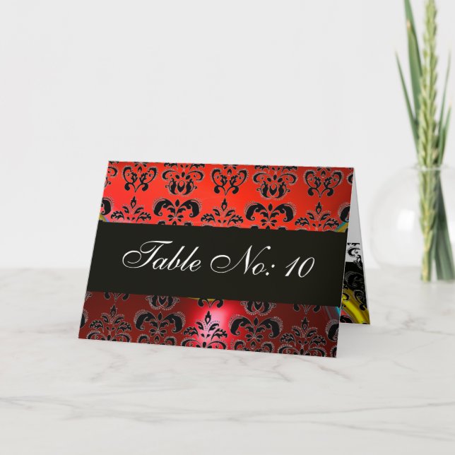 RED BLACK WHITE DAMASK RUBY TABLE SEATING HOLIDAY CARD (Front)