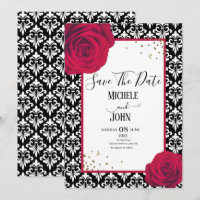 Red Black & White damask save the date