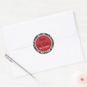 Red, Black, White Damask Wedding Classic Round Sticker