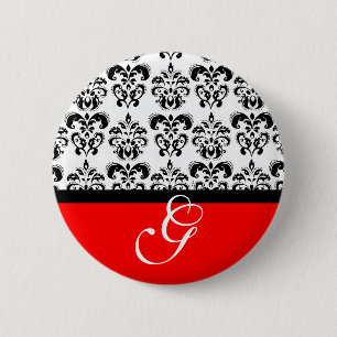 RED BLACK WHITE DAMASK WEDDING MONOGRAM 6 CM ROUND BADGE