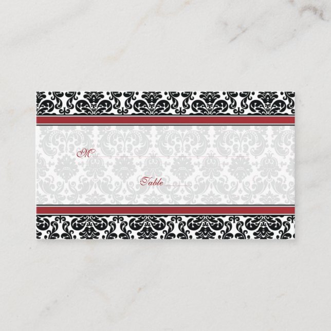 Red, Black, White Damask Wedding Place Cards (Front)
