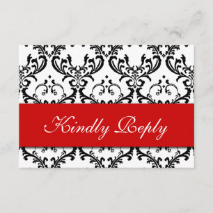 Red Black White Damask Wedding RSVP Card