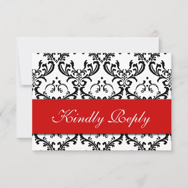Red Black White Damask Wedding RSVP Card (Front)