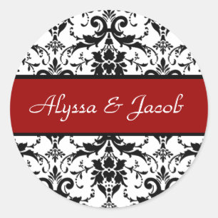 Red Black White Damask Wedding Wedding V4 Classic Round Sticker