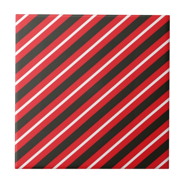 Red Black White Diagonal Lines Geometric Stripes Tile (Front)