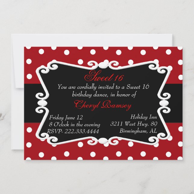 Red, Black, & White Dots Sweet 16 Party Invitation (Front)