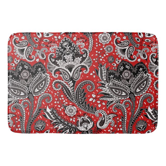 Red Black & White Floral Paisley Bohemian Boho Bath Mat (Front)
