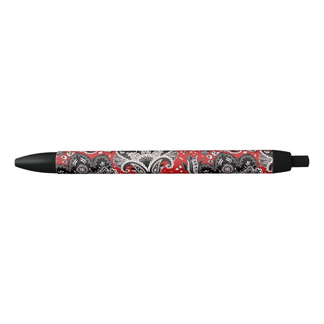 Red Black & White Floral Paisley Bohemian Boho Black Ink Pen (Front)