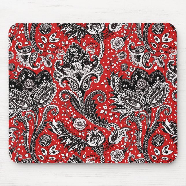 Red Black & White Floral Paisley Bohemian Boho Mouse Pad (Front)