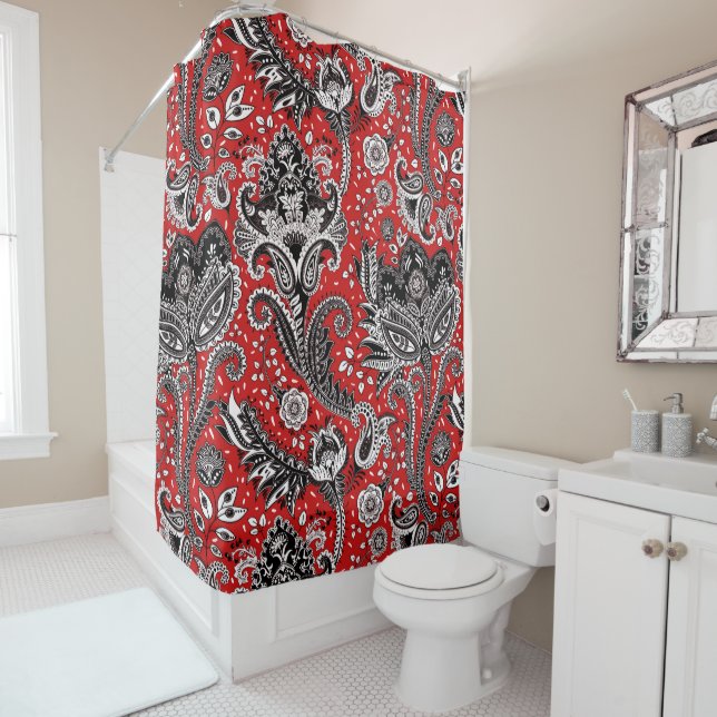 Red Black & White Floral Paisley Bohemian Boho Shower Curtain (In Situ)