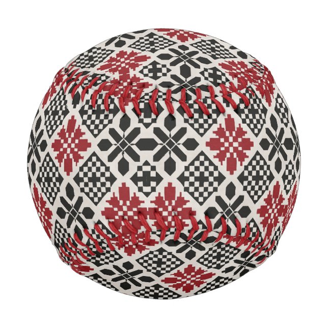 Red Black White Geometric Folk Pattern Baseball (Front)