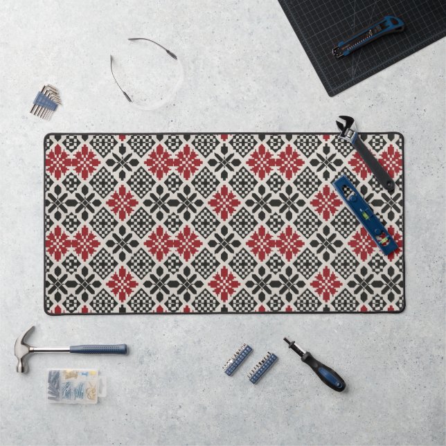 Red Black White Geometric Folk Pattern Desk Mat (Workstation)