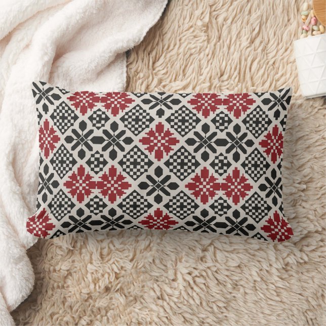 Red Black White Geometric Folk Pattern Lumbar Cushion (Blanket)