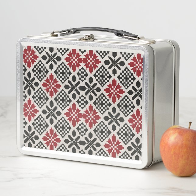 Red Black White Geometric Folk Pattern Metal Lunch Box (In Situ)