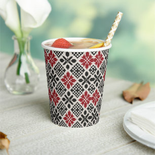 Red Black White Geometric Folk Pattern Paper Cups