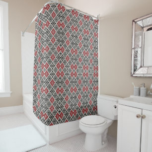 Red Black White Geometric Folk Pattern Shower Curtain