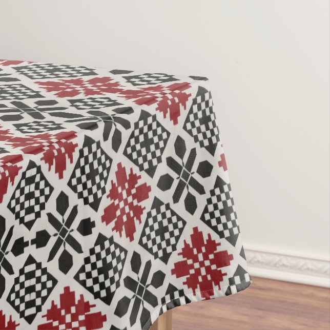 Red Black White Geometric Folk Pattern Tablecloth (In Situ)
