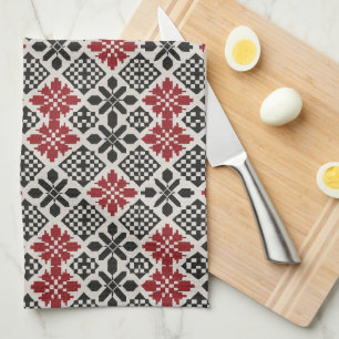 Red Black White Geometric Folk Pattern Tea Towel