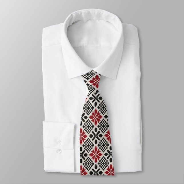 Red Black White Geometric Folk Pattern Tie (Tied)