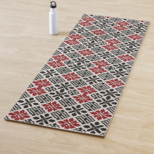 Red Black White Geometric Folk Pattern Yoga Mat