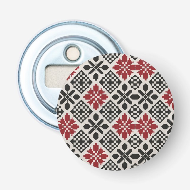 Red Black White Geometric Keffiyeh Folk Pattern Bottle Opener (Front)
