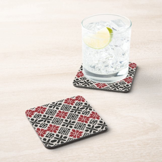 Red Black White Geometric Keffiyeh Folk Pattern Coaster (Right Side)