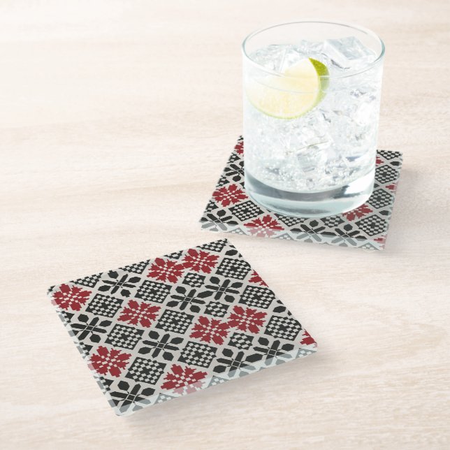 Red Black White Geometric Keffiyeh Folk Pattern Glass Coaster (Angled)