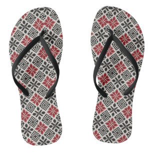 Red Black White Geometric Keffiyeh Folk Pattern Jandals