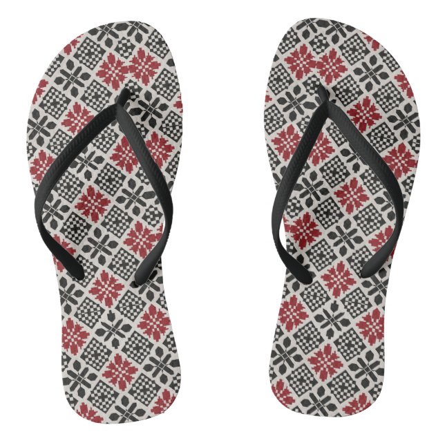 Red Black White Geometric Keffiyeh Folk Pattern Jandals (Footbed)