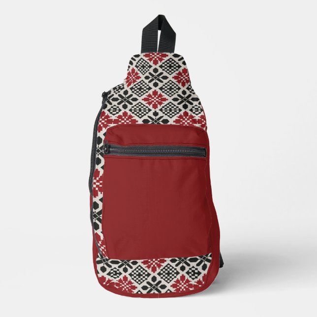 Red Black White Geometric Keffiyeh Folk Pattern Sling Bag (Front)