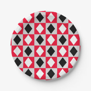 Red Black White Geometric Rhombus Diamond Paper Plate