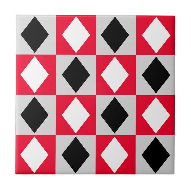 Red Black White Geometric Rhombus Diamond Tile (Front)