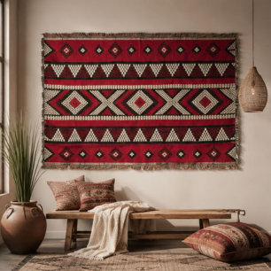 Red Black White Geometric Tribal Aztec Throw Blanket