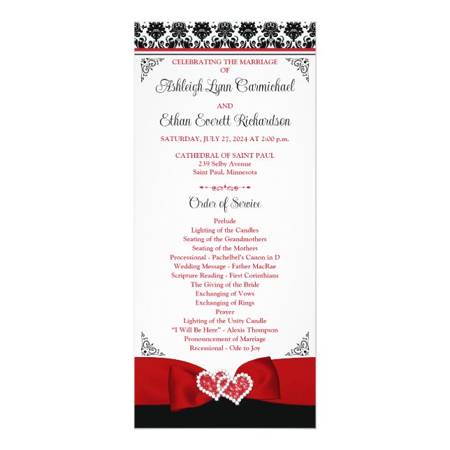 Red, Black, White Love Hearts Wedding Program Rack Card (Front)
