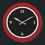 Red Black & White Minimalist Large Clock<br><div class="desc">Modern clock features a minimalist design in a red, black and white color palette. A simple plain design with white numbers on a black background with a red border. A stylish modern addition to your kitchen, living room or office wall, a thoughtful modern office gift or modern home gift for...</div>