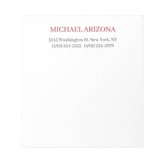Red Black & White Minimalist Simple Plain Modern Notepad (Front)