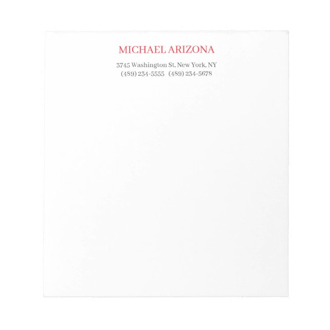 Red Black & White Minimalist Simple Plain Modern Notepad (Front)