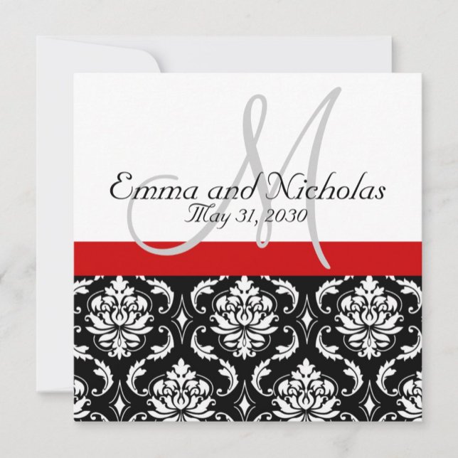 Red Black White Monogram Damask Wedding Invite (Creator Uploaded)