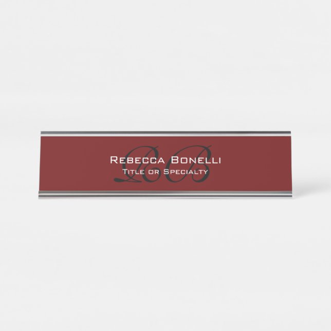  Red Black White Monogram Minimalist Plain Desk Name Plate (Front)
