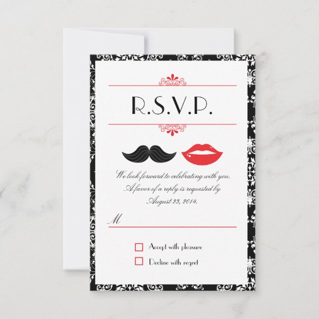 Red, Black & White Moustache & Lips Damask RSVP Card (Front)