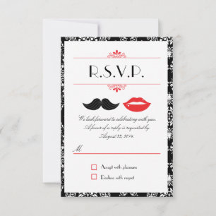 Red, Black & White Moustache & Lips Damask RSVP Card