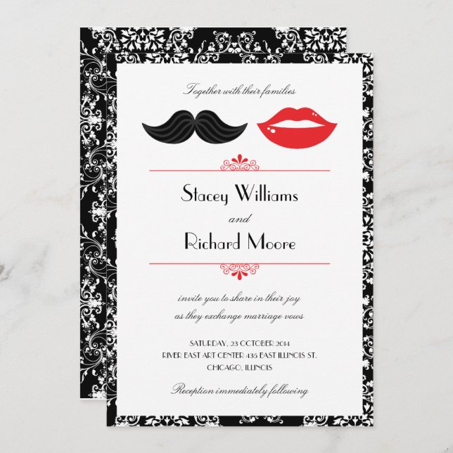 Red, Black & White Moustache & Lips Damask Wedding Invitation (Front/Back)