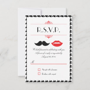 Red, Black & White Moustache & Lips Houndstooth We RSVP Card