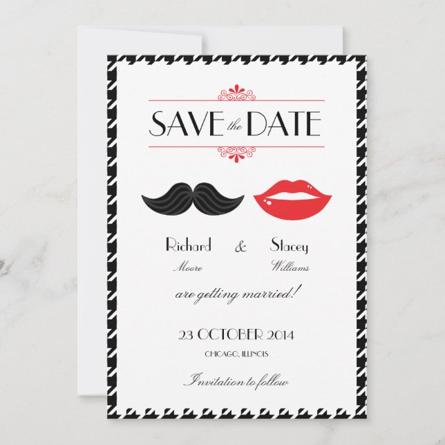 Red, Black & White Moustache & Lips Houndstooth We Save The Date (Front)