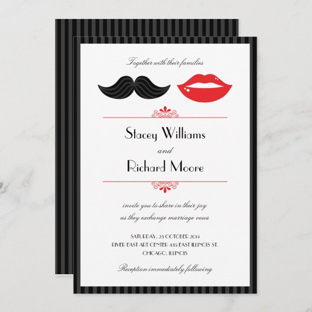 Red, Black & White Moustache & Lips Wedding Invitation (Front/Back)
