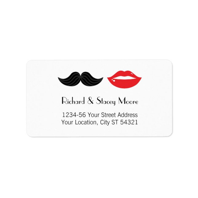 Red, Black & White Moustache & Lips Wedding Label (Front)