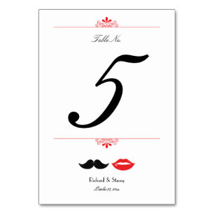 Red, Black & White Moustache & Lips Wedding Table Number