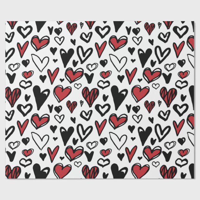 Red Black White Pattern Hearts Valentine Wrapping Paper (Flat)
